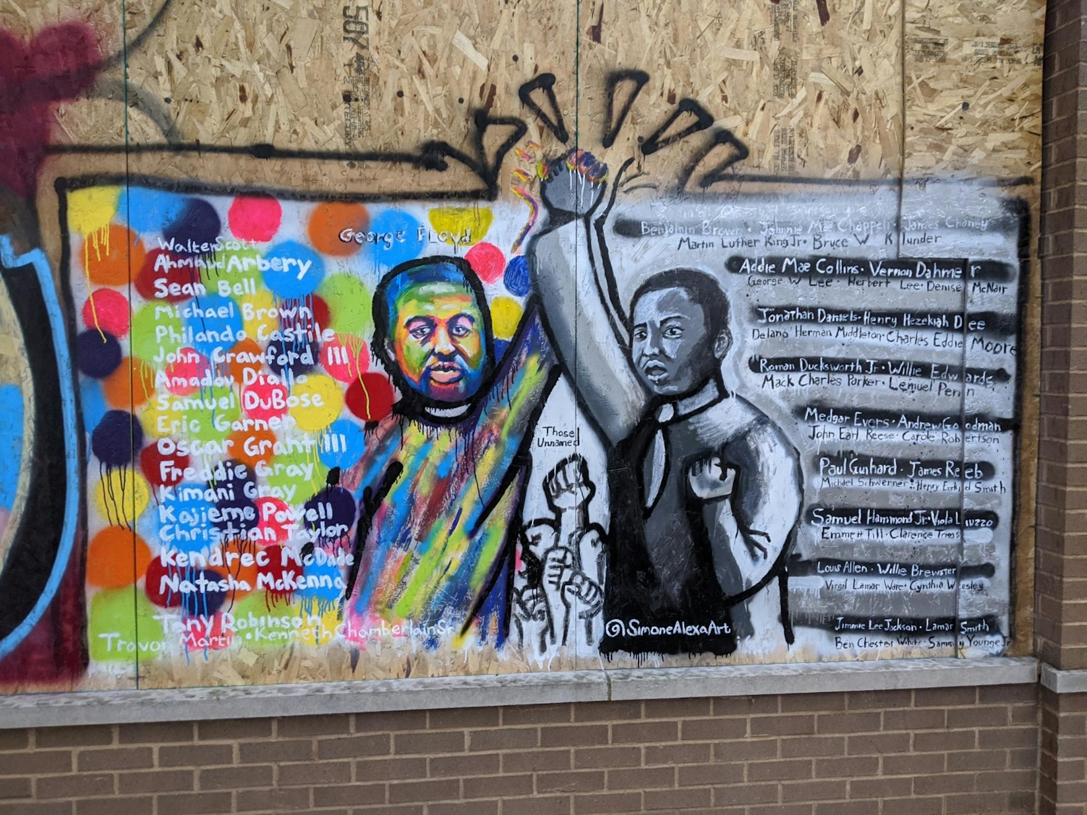 A mural by @SimoneAlexaArt on Midwest Market & Halaal-Meat at 2000 Portland Ave. S., in Minneapolis lists names of Black people who have been killed, and also asks viewers to remember those victims who remain nameless.