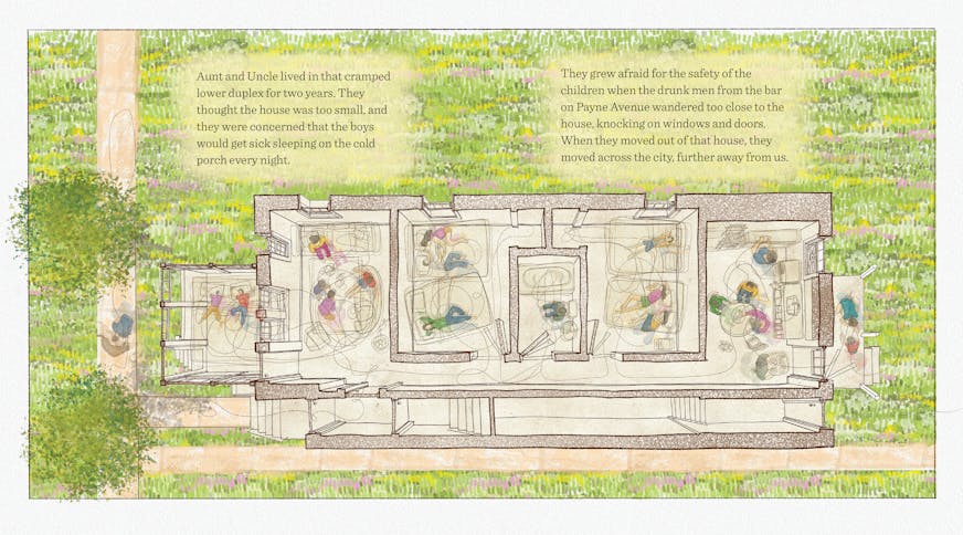 illustration of the bottom floor of a house, with people in the rooms, viewed from above