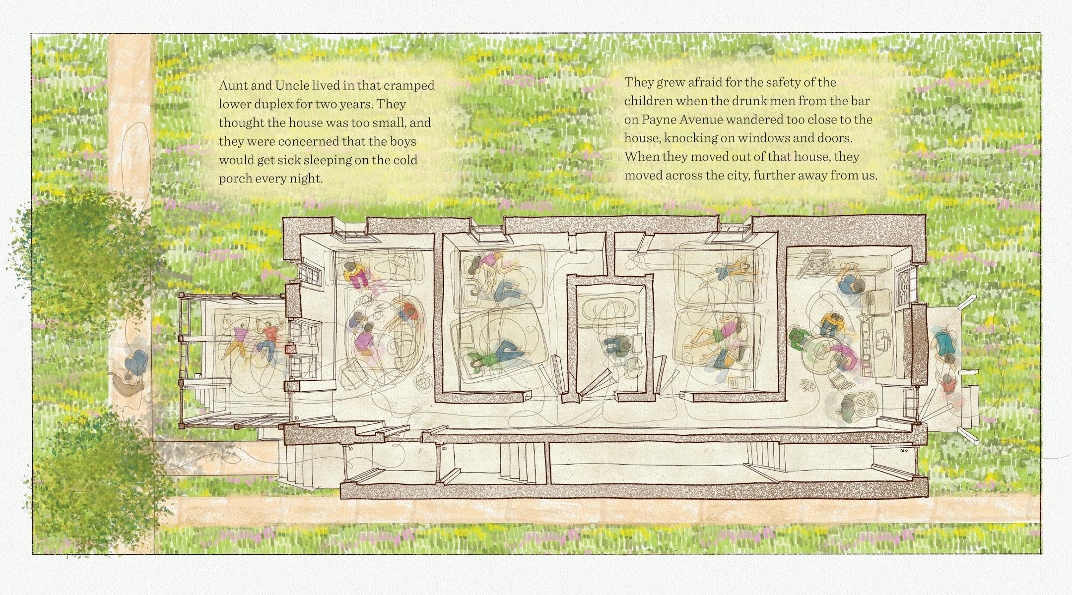 illustration of the bottom floor of a house, with people in the rooms, viewed from above