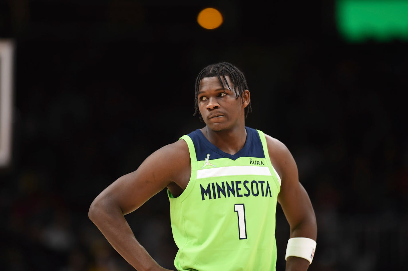 Minnesota Timberwolves forward Anthony Edwards (1) is shown during the first half of an NBA basketball game against the Atlanta Hawks Wednesday, Jan. 19, 2022, in Atlanta. (AP Photo/Hakim Wright Sr.)