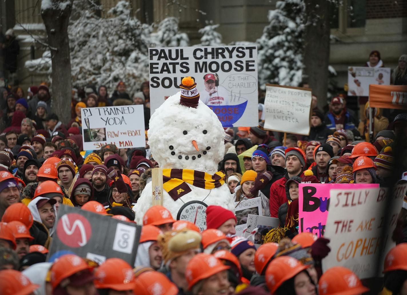 ESPN's College GameDay broadcast from the University of Minnesota campus as the Gophers try to defend Paul Bunyon's Axe from the Wisconsin Badgers, Saturday, Nov. 30, 2019. ] Shari L. Gross • shari.gross@startribune.com We spend Saturday -- before, during and after the contest for Paul Bunyan's Axe -- chronicling the sights, sounds and emotions of Gophers fans as their favorite rodents take on the hated Badgers of Wisconsin. Whether this game signals the end of a decades-long wait for Rose Bowl