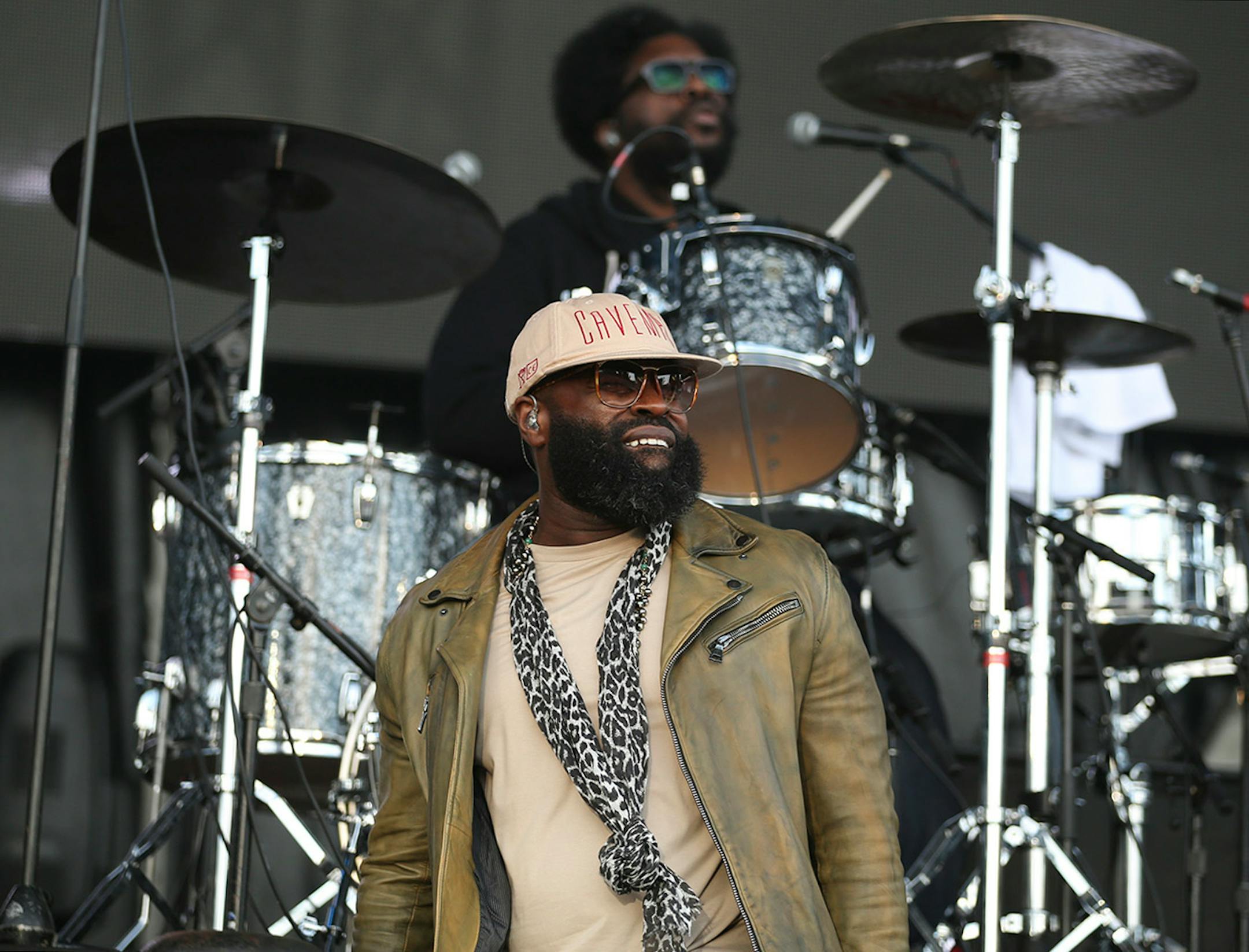 The Roots� Tariq �Black Thought� Trotter lead vocalist, foreground, with drummer Ahmir �Questlove� Thompson on the Main Stage Sunday evening at Soundset 2016.