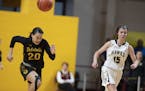 DeLaSalle forward Isabella Thomas (20) raced down court with Hermantown guard Maiah Christianson (15) in the second half.