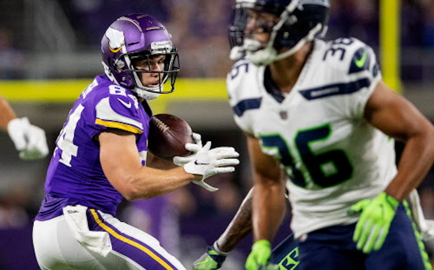 Minnesota Vikings wide receivers Chad Beebe (84) catches a pass in the fourth quarter against the Seattle Seahawks in a preaseason game on Friday, Aug. 24, 2018, at US Bank Stadium in Minneapolis. The Vikings won, 21-20. (Carlos Gonzalez/Minneapolis Star Tribune/TNS) ORG XMIT: 1238975