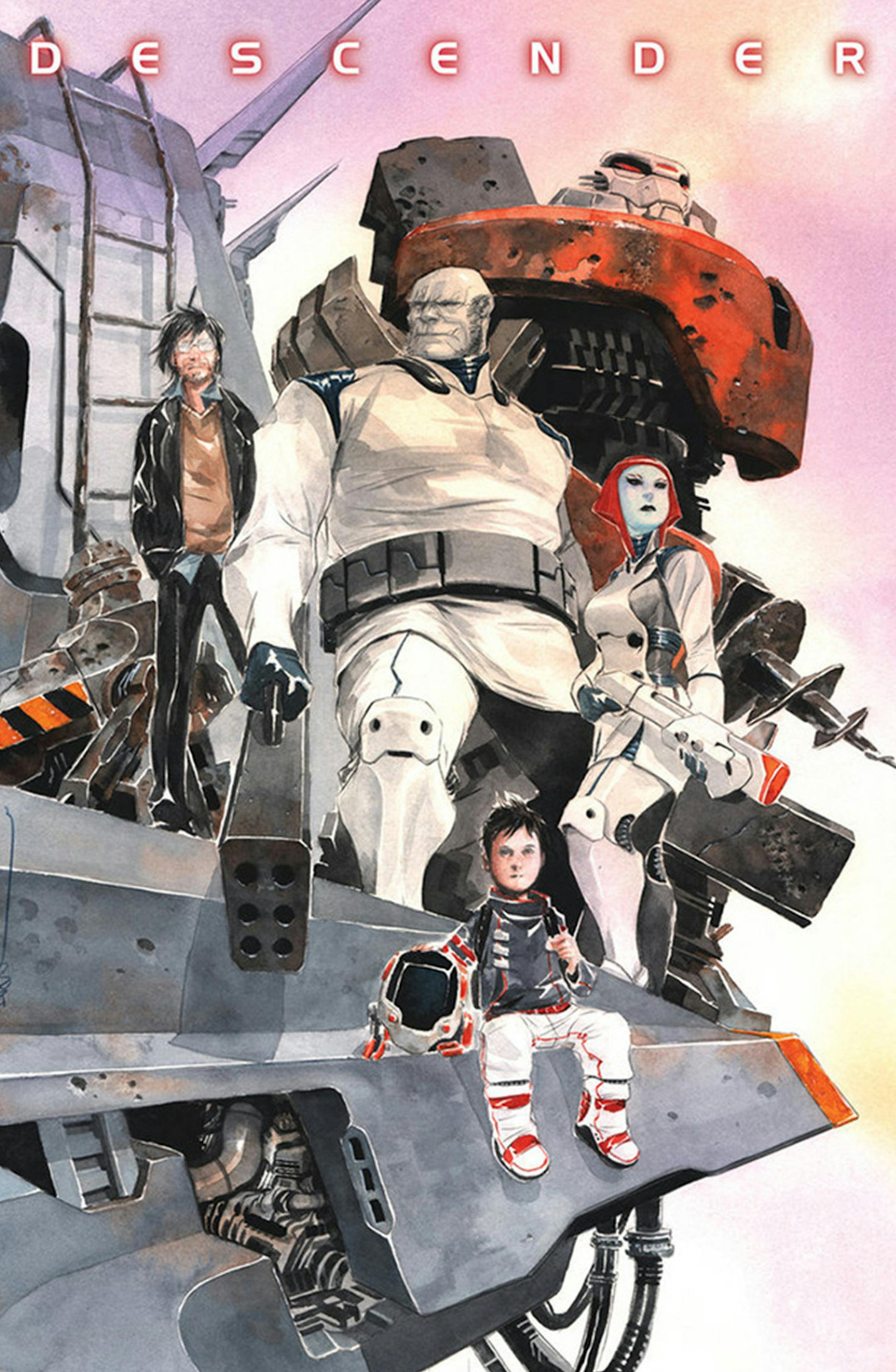 The cover to "Descender" #5 showed the main cast. They are, from left, Dr. Quon, Tullis, Digger and Captain Telsa, with Bandit and Tim-21 below. (Image Comics) ORG XMIT: 1173207