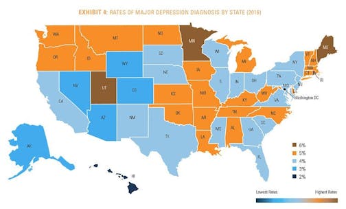 Wide geographic variation exists in the diagnosis of major depression among people in each state.