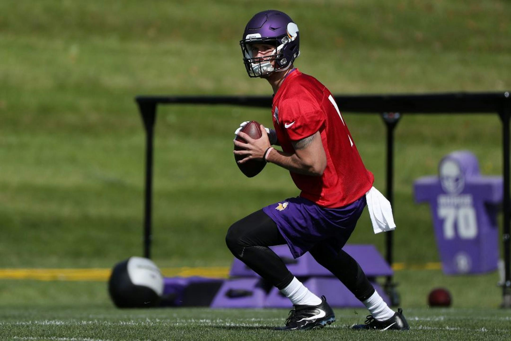 Minnesota Vikings quarterback Kyle Sloter (1) practiced with the team Tuesday.