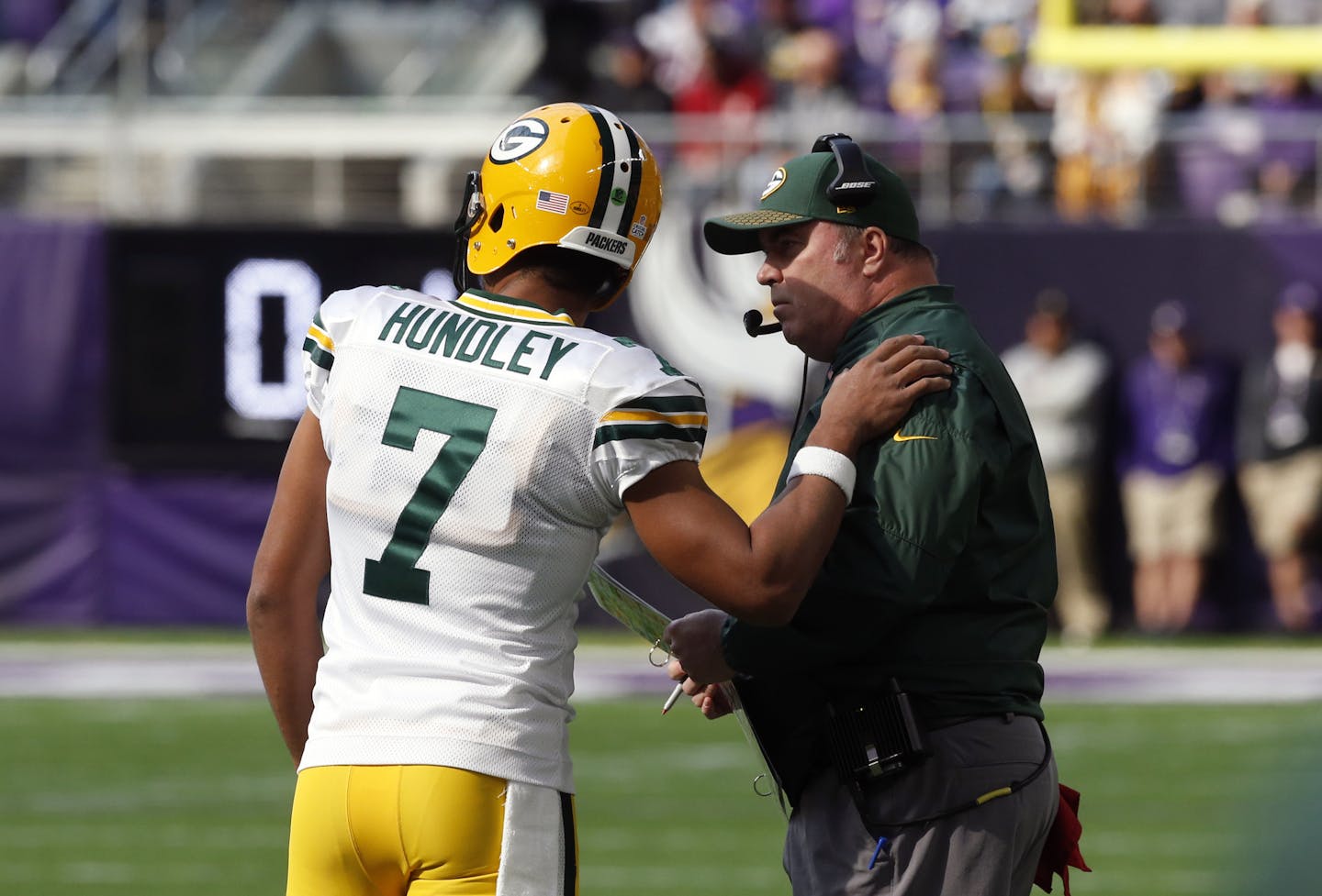 FILE - In this Oct. 15, 2017, file photo, Green Bay Packers quarterback Brett Hundley (7) talks with head coach Mike McCarthy during the first half of an NFL football game against the Minnesota Vikings, in Minneapolis. Third-year pro Brett Hundley will make his first NFL start in place of the injured Aaron Rodgers when Green Bay hosts the rejuvenated Saints. (AP Photo/Jim Mone, File)