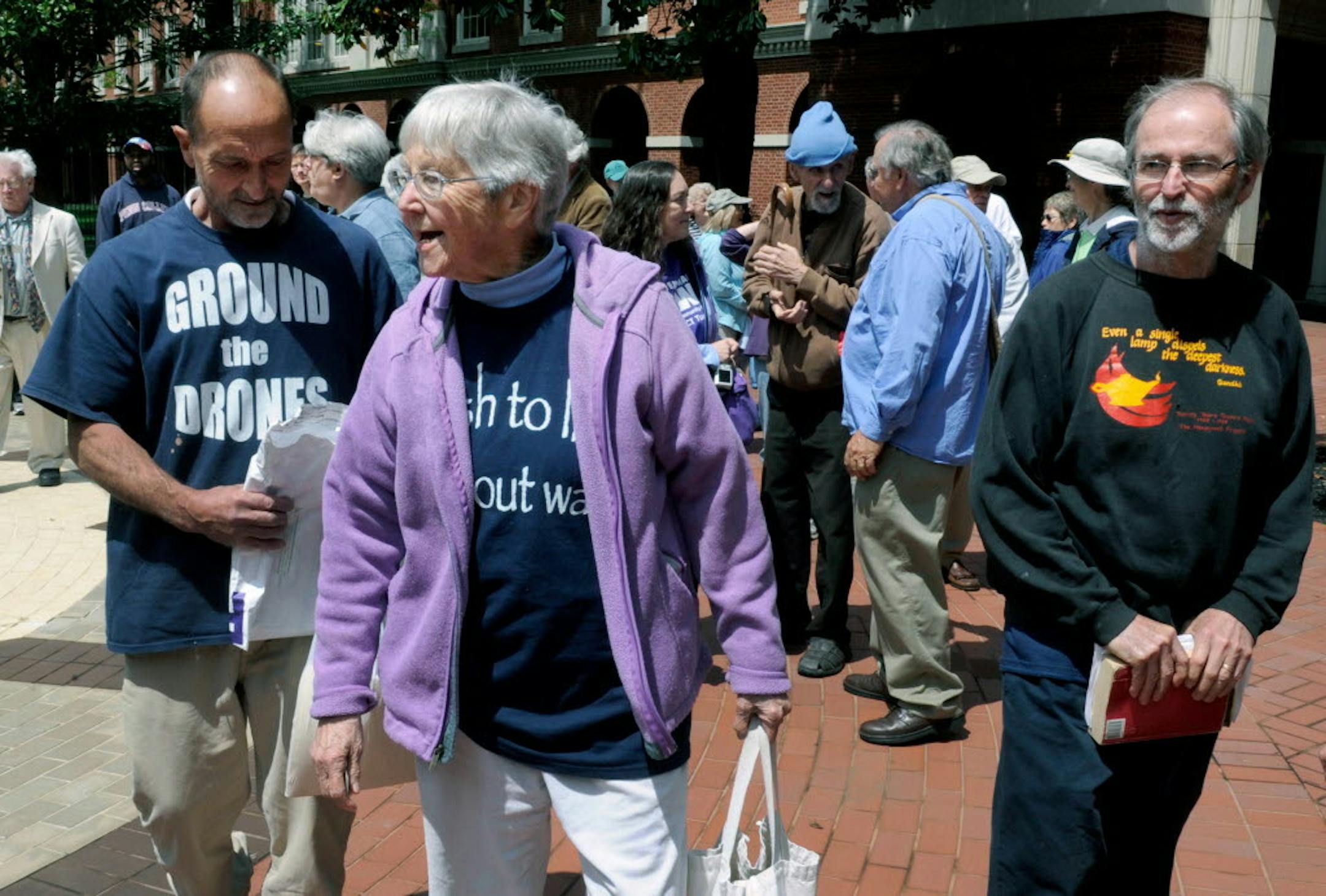 May 6, 2013: nuclear protesters, from left, Michael Walli, Sister Megan Rice, and Greg Boertje-Obed, arrive for their trial for in Knoxville, Tenn. All three are scheduled to be sentenced Tuesday, Jan. 28, 2014, for their convictions for breaking in to the Y-12 National Security Complex in Oak Ridge and painting slogans on the outside wall of its uranium processing plant.