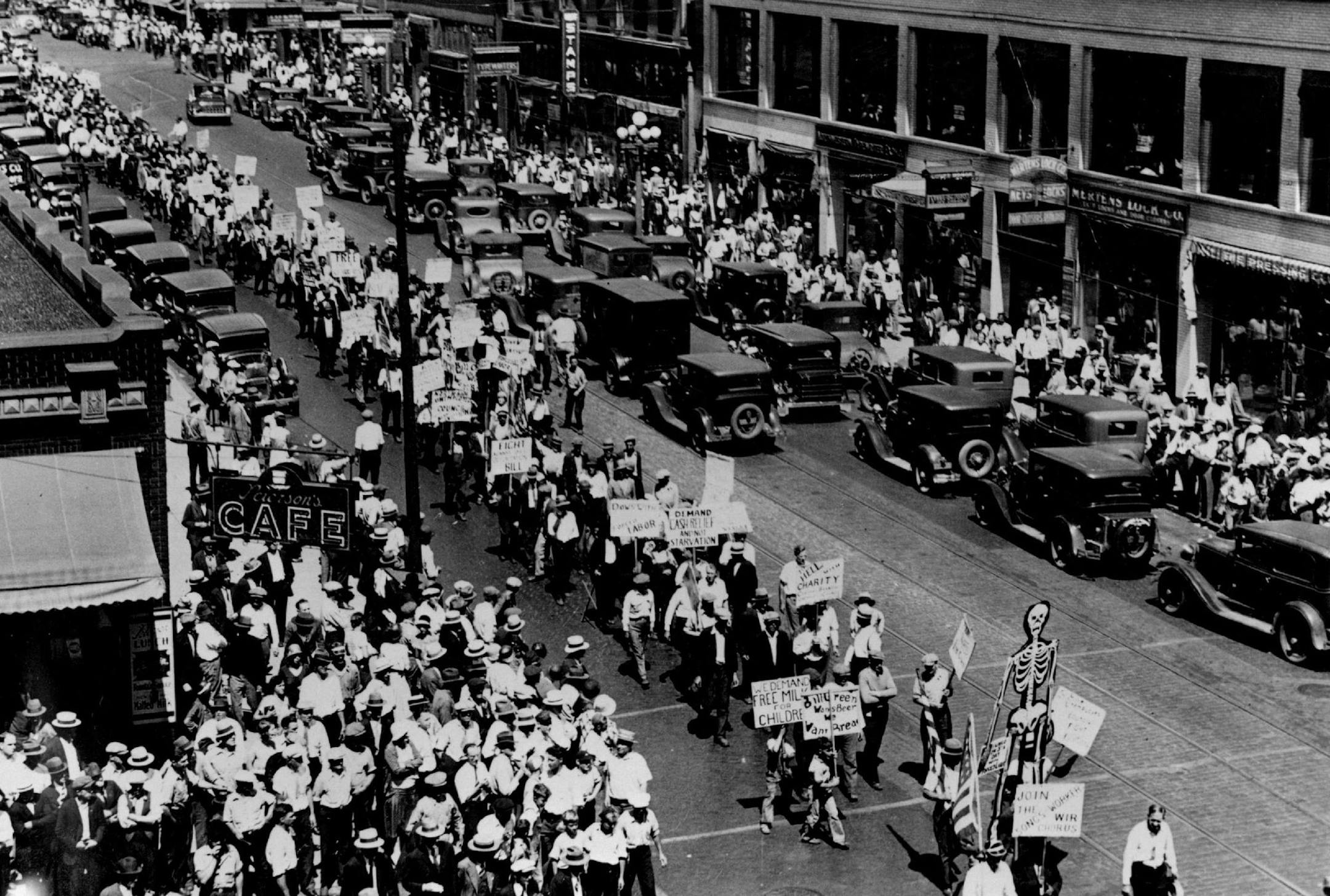 July 8, 1932 Hanger Marchers demonstrated in downtown Minneapolis (Story Mentions) demanding an #8 weekly relief grant. January 28, 1981 February 11, 1981 Minneapolis History Collection; Minneapolis Public Library