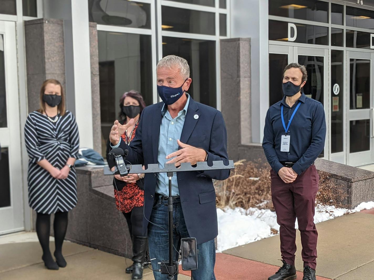 St. Cloud Mayor Dave Kleis speak about the vaccination clinic at River's Edge Convention Center on Wednesday, March 17, 2021. Also pictured are Stearns County Emergency Managment Director Erin Tufte, Janet Goligowski of Stearns County Public Health and Dr. Myles Spar of Vault Health.