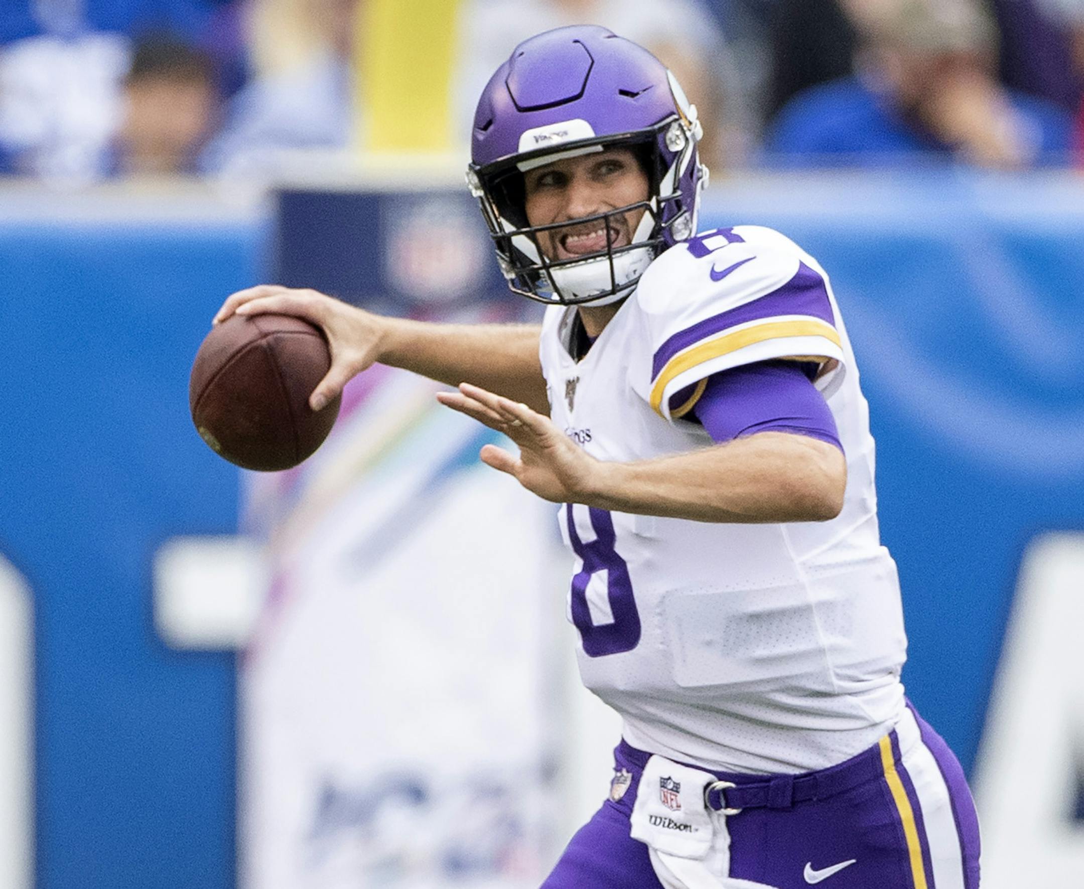 Minnesota Vikings quarterback Kirk Cousins (8) ran out of the pocket in the first quarter. ] CARLOS GONZALEZ • cgonzalez@startribune.com – East Rutherford, NJ – October 2, 2019, MetLife Stadium, NFL, Minnesota Vikings vs. New York Giants