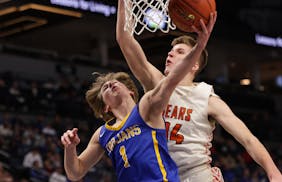 Wayzata's Hayden Tibbits (1) lays the ball up around the reach of Wyatt Hawks (34) in the first half. Tibbits led the field with 17 points in the Troj