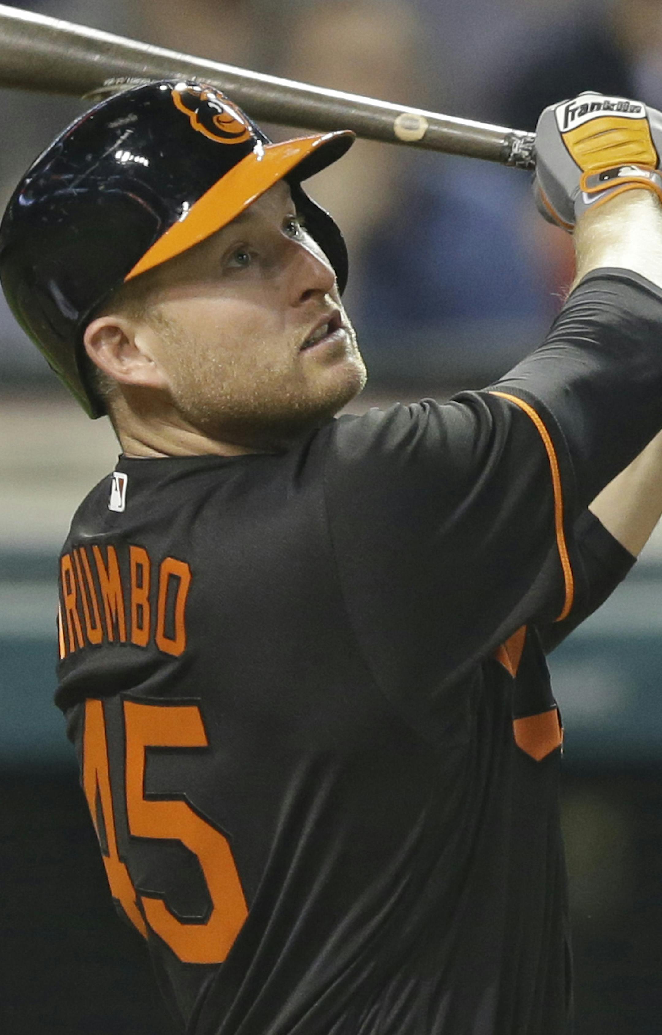 Baltimore Orioles' Mark Trumbo watches his two-run home run off Cleveland Indians relief pitcher Zach McAllister during the seventh inning of a baseball game, Friday, May 27, 2016, in Cleveland. (AP Photo/Tony Dejak)