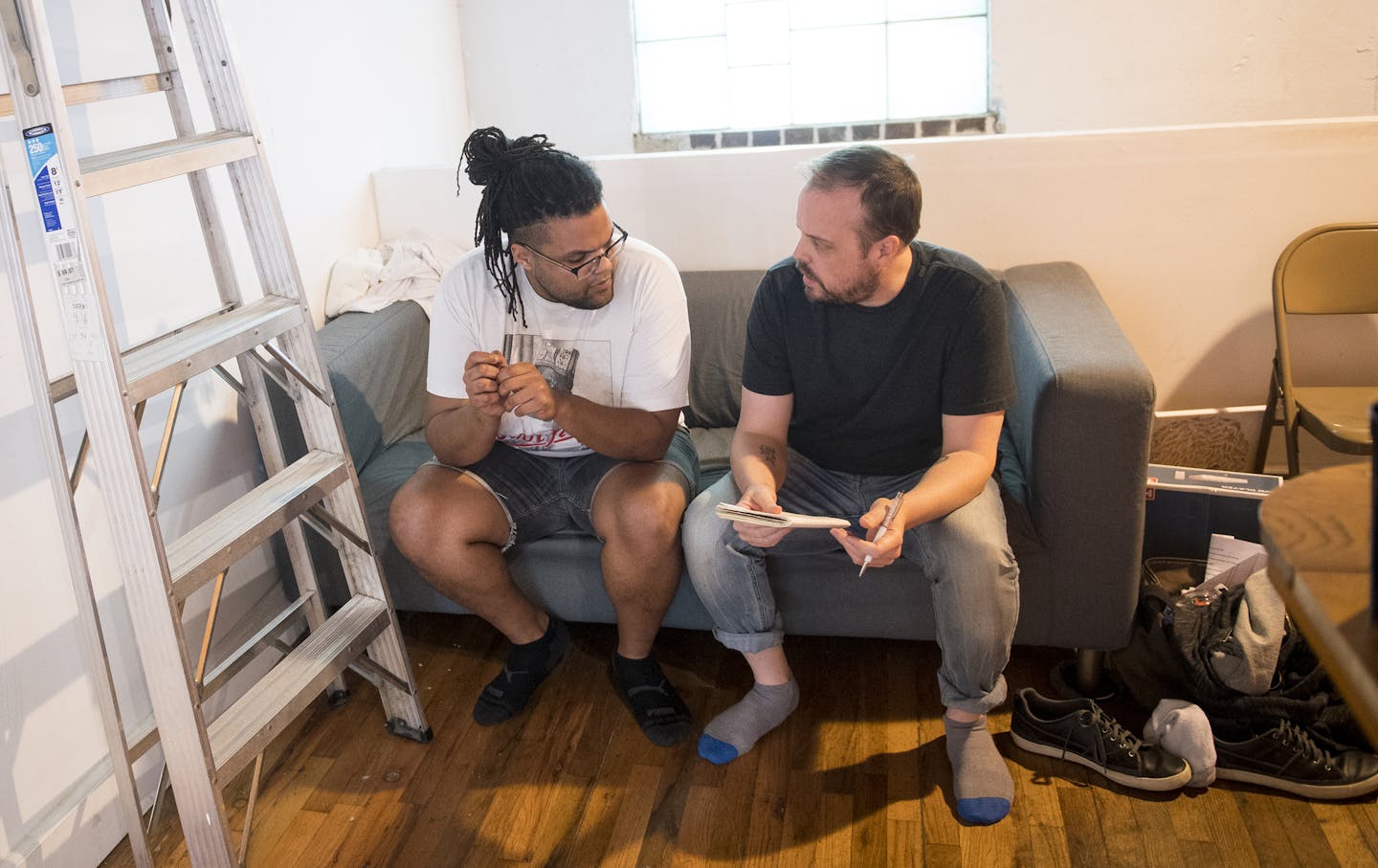 Theo Langason, left, and Matthew Glover, leaders of the &#x201c;Queens&#x201d; creative team, took a minute during rehearsals to confer. Glover came up with the idea for the play, about a top boxer who never got a shot at the title.