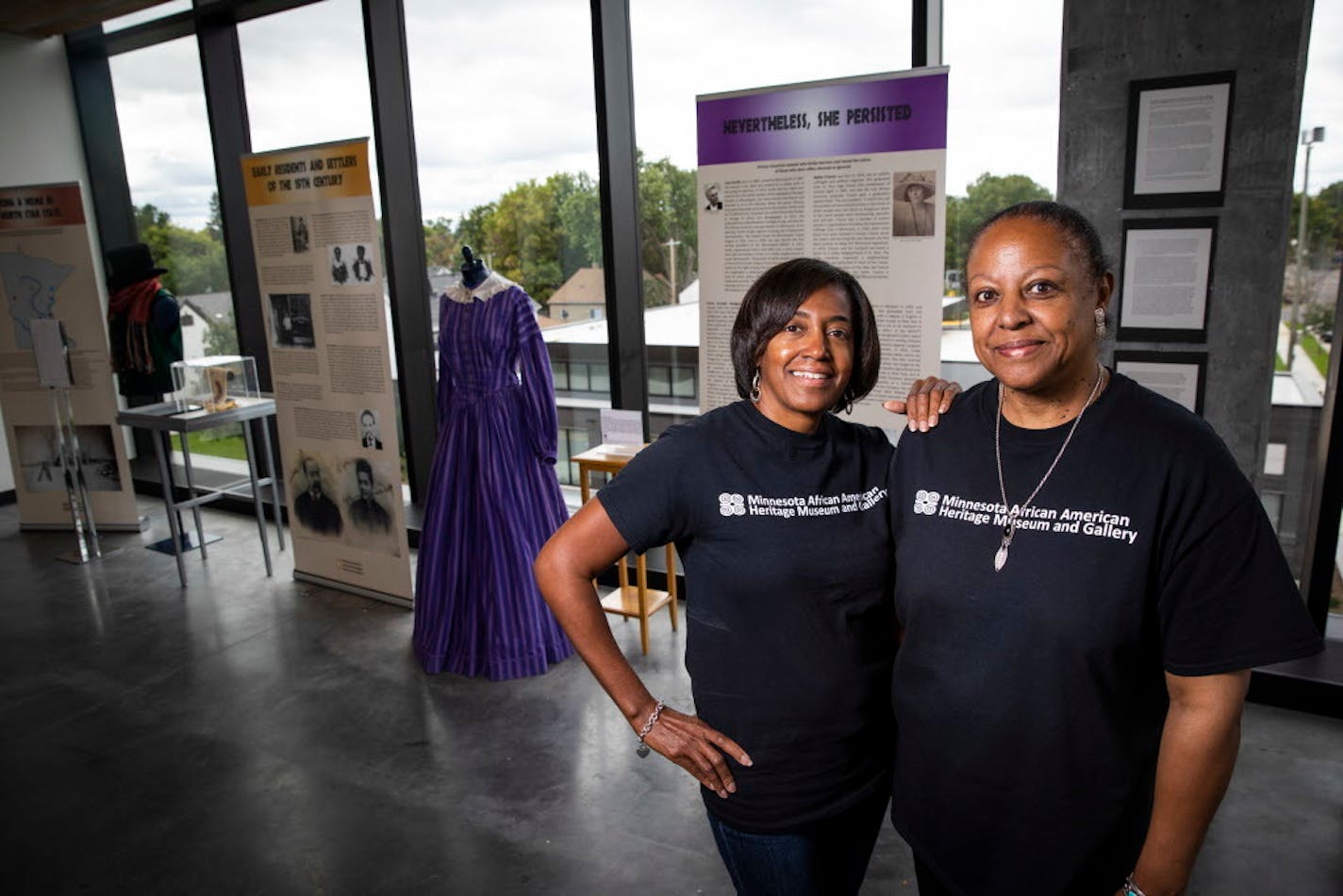 Minnesota African American Heritage Museum and Gallery co-founders Tina Burnside, left, and Coventry Cowens. Above, the museum's fourth-floor interior and some of its exhibits. A soft opening was held Sept. 8, with about 200 visitors.