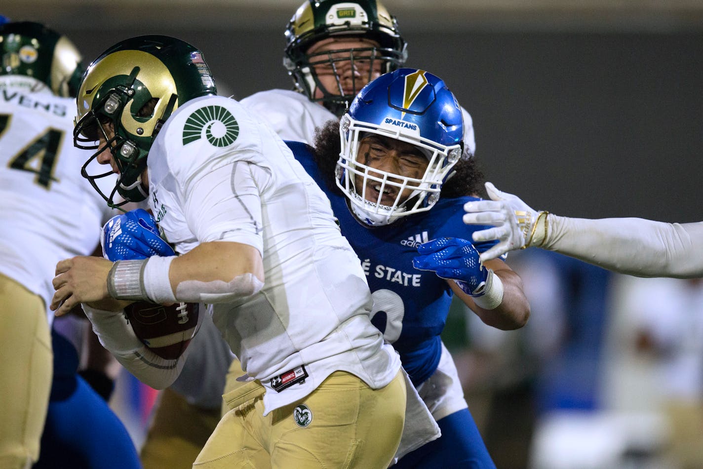 San Jose State defensive lineman Viliami Fehoko (42) sacks Colorado State quarterback Clay Millen (11) during the second quarter of an NCAA college football game Saturday, Nov. 5, 2022, in San Jose, Calif. (AP Photo/D. Ross Cameron)