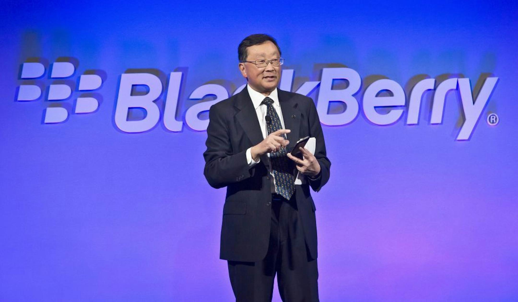 BlackBerry CEO John Chen introduces the company's new phone, the BlackBerry Classic, during a news conference, Wednesday, Dec. 17, 2014, in New York.