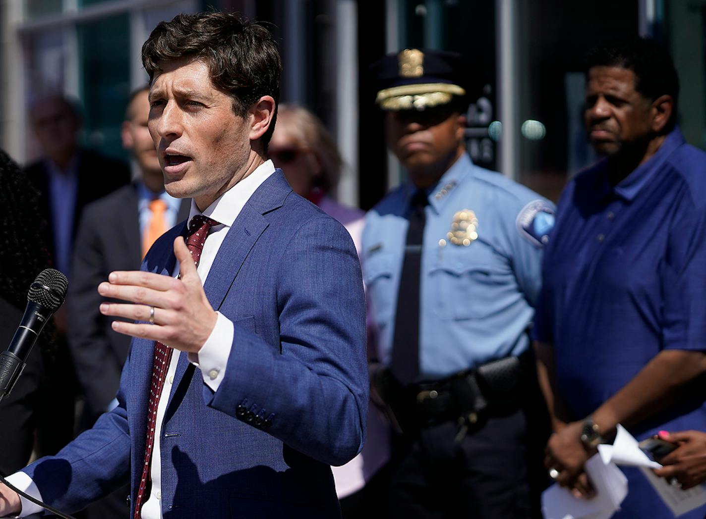 Minneapolis Mayor Jacob Frey joined other city leaders in announcing a new model for community safety and accountability in Minneapolis. Monday in Minneapolis. ]