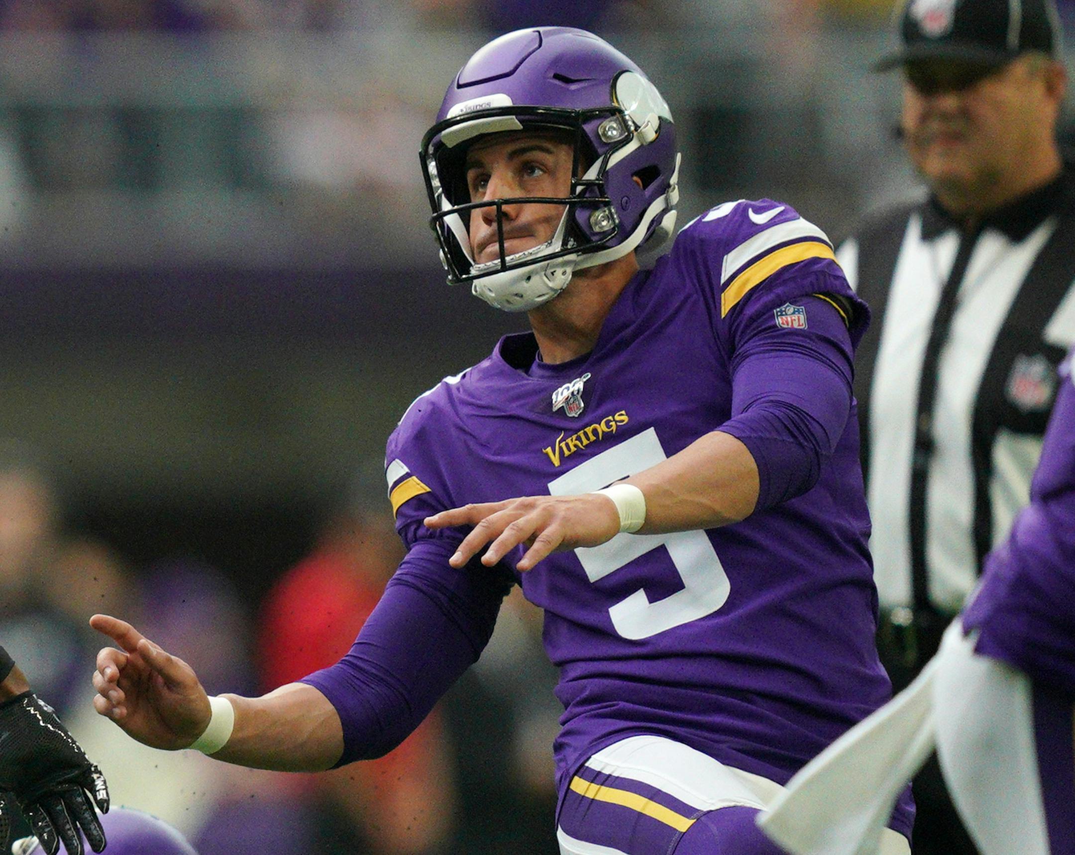 Minnesota Vikings kicker Dan Bailey (5) kicked an extra point after Minnesota Vikings wide receiver Adam Thielen (19) caught a touchdown pass from Minnesota Vikings quarterback Kirk Cousins (8) in the first half. ] ANTHONY SOUFFLE • anthony.souffle@startribune.com The Minnesota Vikings played the Atlanta Falcons in their NFL season opener Sunday, Sept. 8, 2019 at U.S. Bank Stadium in Minneapolis.