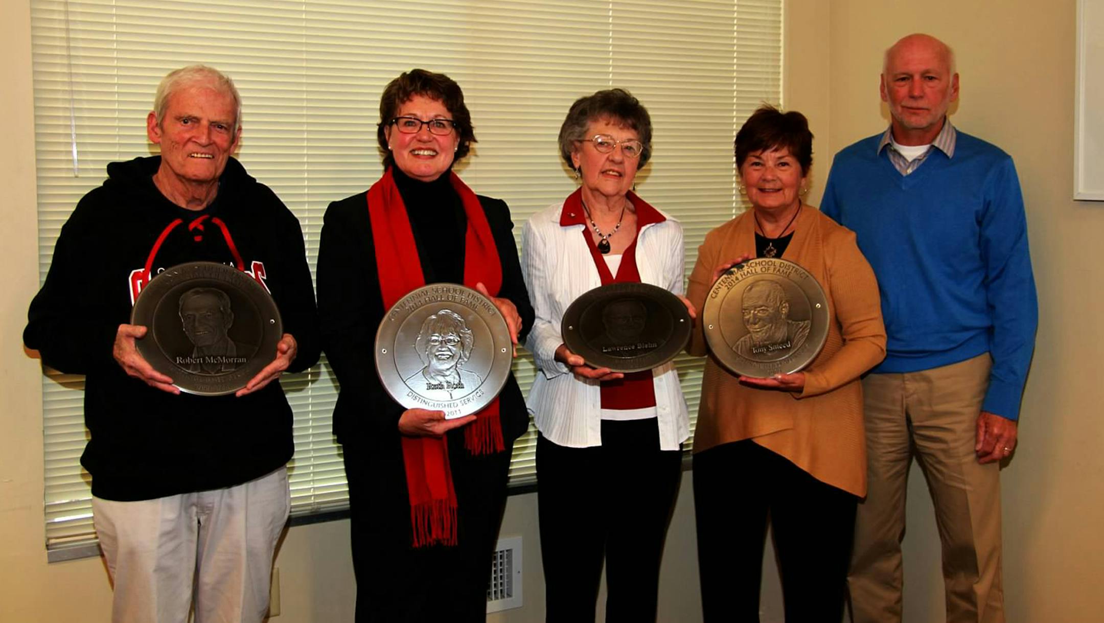 Centennial School District Inducts Four into its Hall of Fame: from left, Robert McMorran, Ruth Roth, Dorothy Biehn and Ginger and Bob Smeed, accepting the award on Tony Smeed‚Äôs behalf.