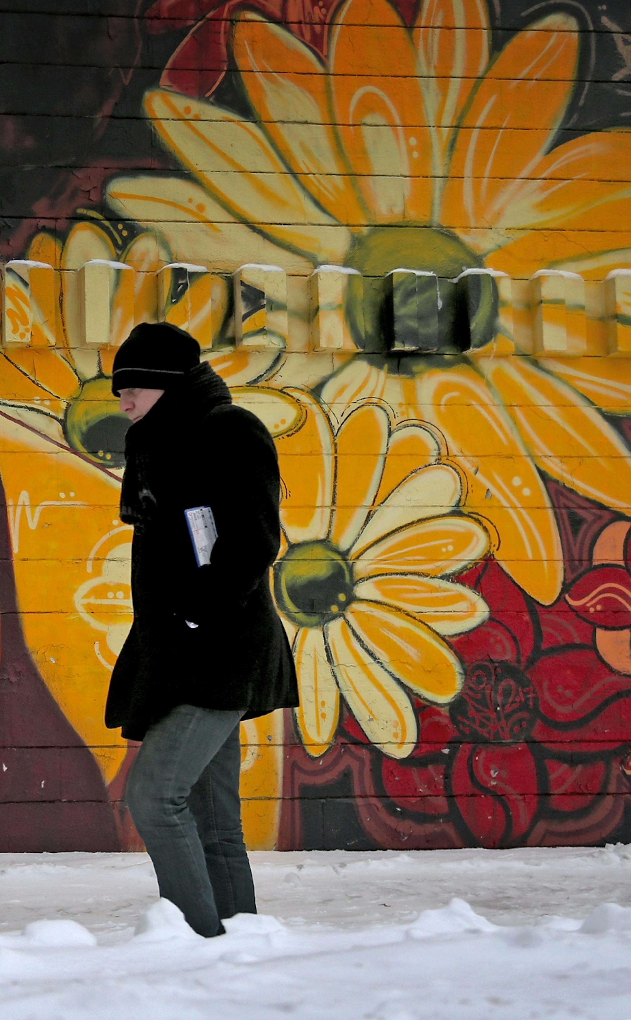 A pedestrian walks by a mural on the wall of Intermedia Arts Tuesday, March 6, 2018, in Minneapolis, MN. A storm Monday afternoon and early Tuesday left about a half a foot in the Twin Cities and more out state, leaving many in Minnesota dreaming of warmer weather.