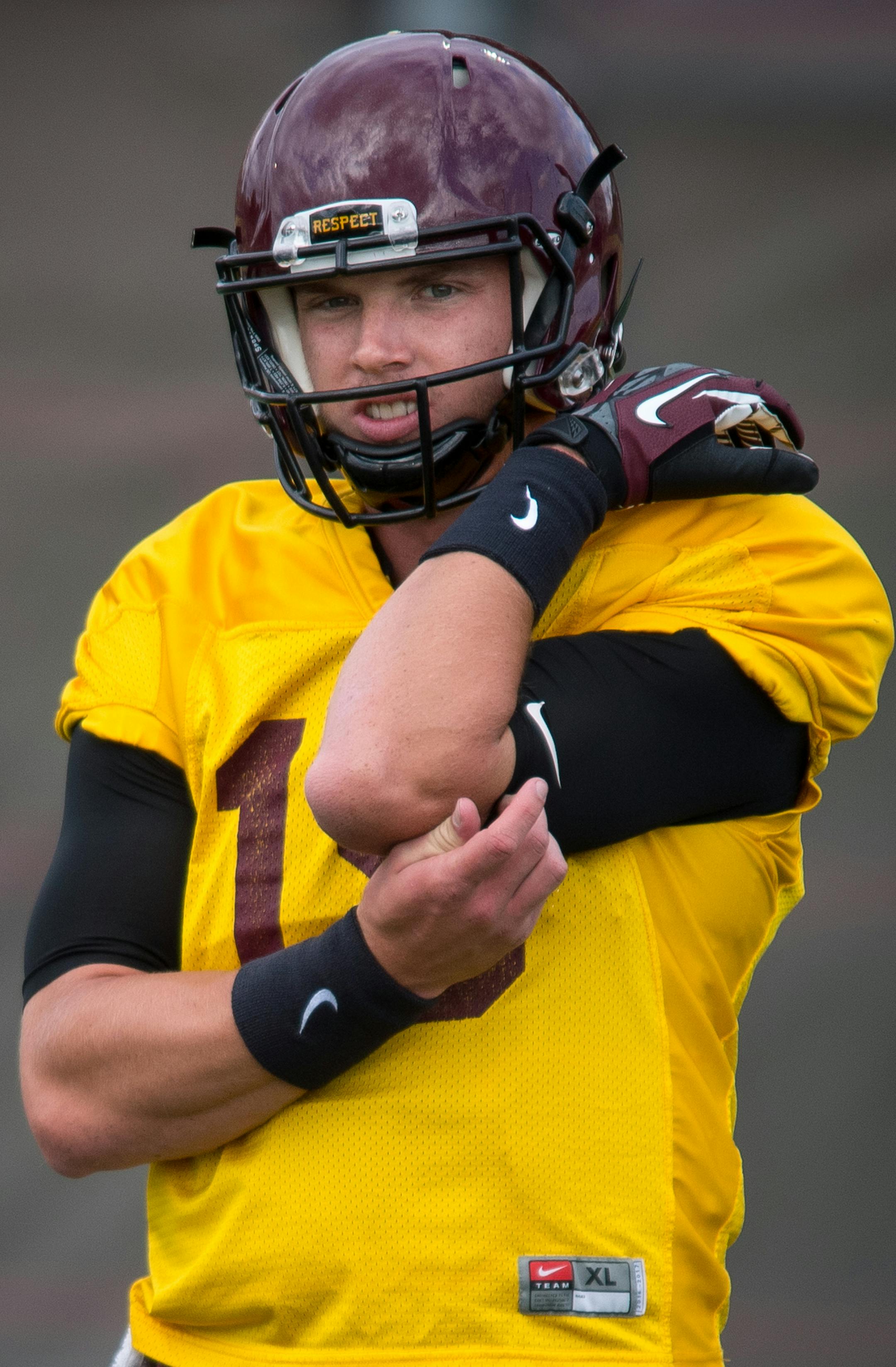 Gophers quarterback Conor Rhoda looked on between reps in practice Tuesday afternoon. ] (AARON LAVINSKY/STAR TRIBUNE) aaron.lavinsky@startribune.com The University of Minnesota Golden Gophers football team practiced on Tuesday, Oct. 11, 2016 at Bierman Field in Minneapolis, Minn.