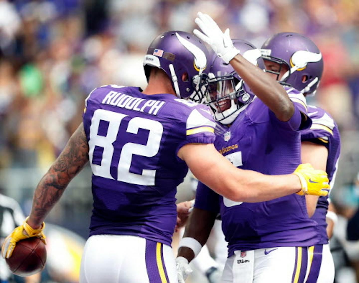 Minnesota Vikings quarterback Teddy Bridgewater (5) celebrated at 27 yard touchdown pass to Kyle Rudolph (82) in the second quarter at U.S. Bank Stadium Sunday at  August 28, 2016 in Minneapolis, MN.] The Minnesota Vikings hosted the San Diego Charges.  Jerry Holt / jerry.Holt@Startribune.com