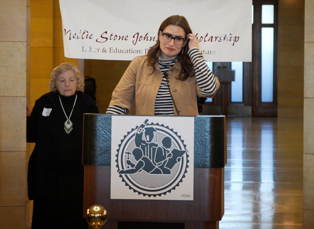 Lt. Gov. Peggy Flanagan gets emotional as she recalls her mother’s friendship with Nellie Stone Johnson at the Minnesota State Capitol on Monday. Flanagan’s mother passed away on Friday.