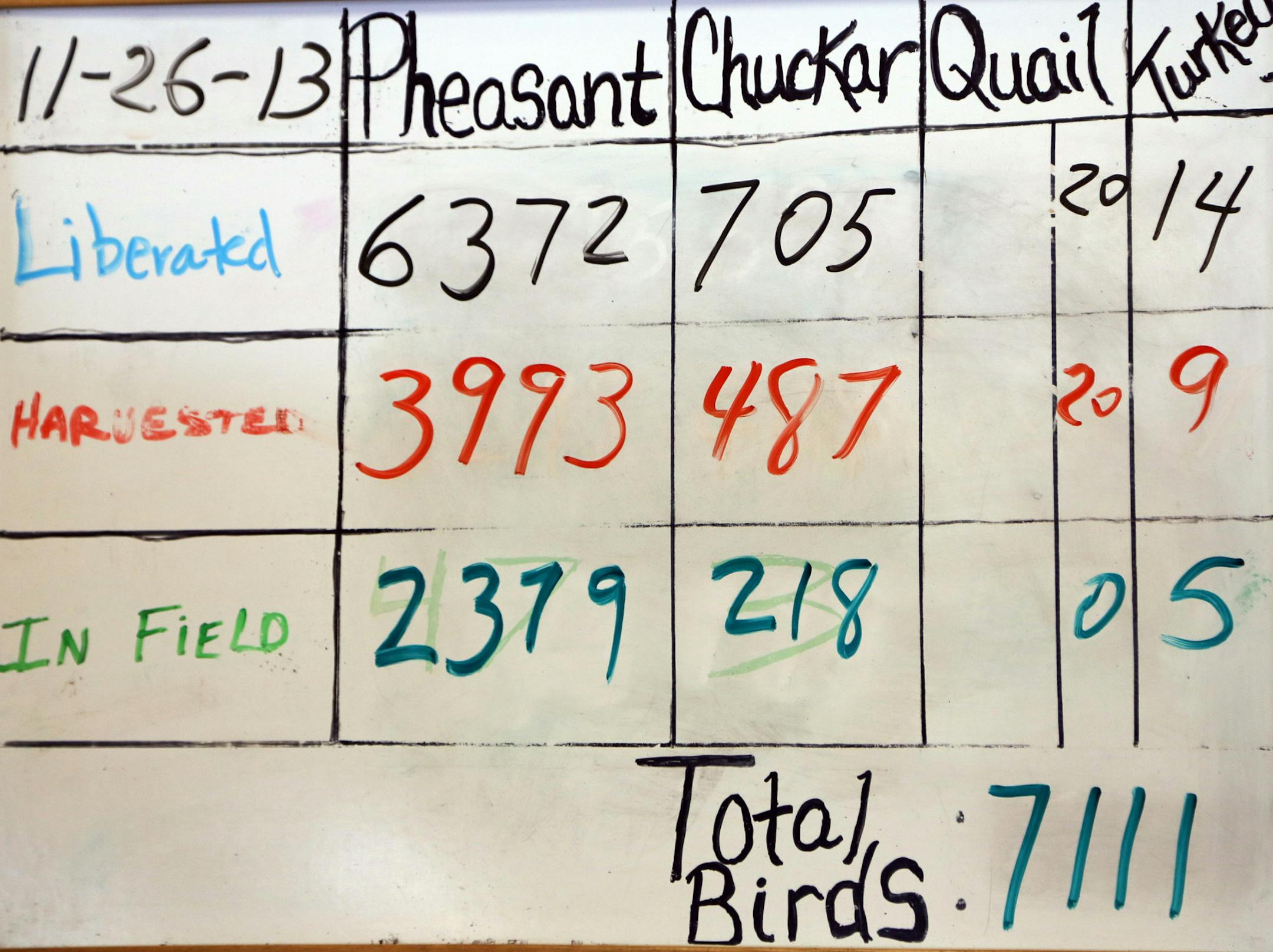 Birds released and harvested were tallied on a board at Wings North Hunt Club near Pine City.
