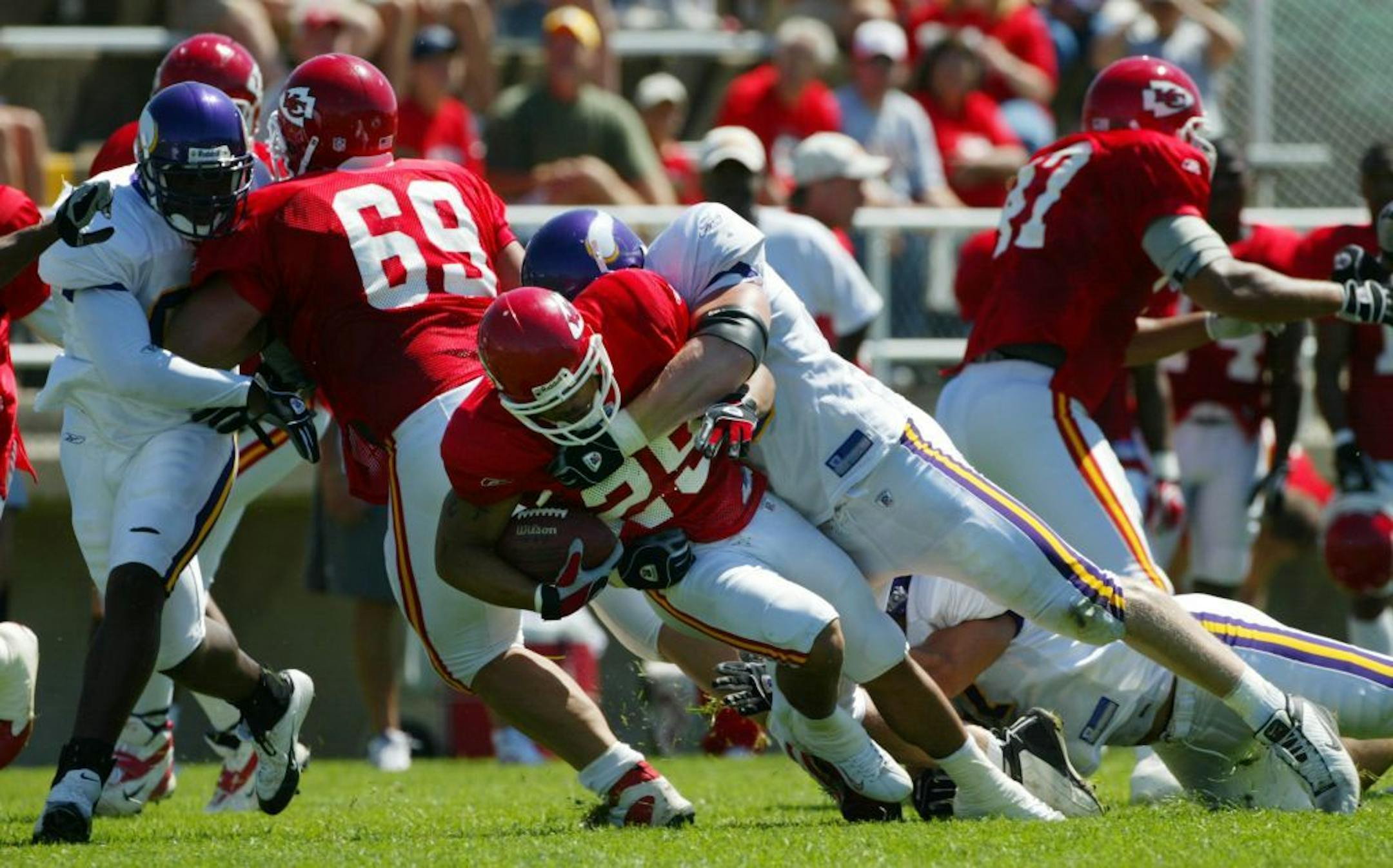 Back in 2004 when the Vikings and Chiefs practiced in Mankato, Brock Lesnar served as instigator and agitator. Lesnar's questionable hits led to a brawl with Chiefs guard Jonathan Ingram.