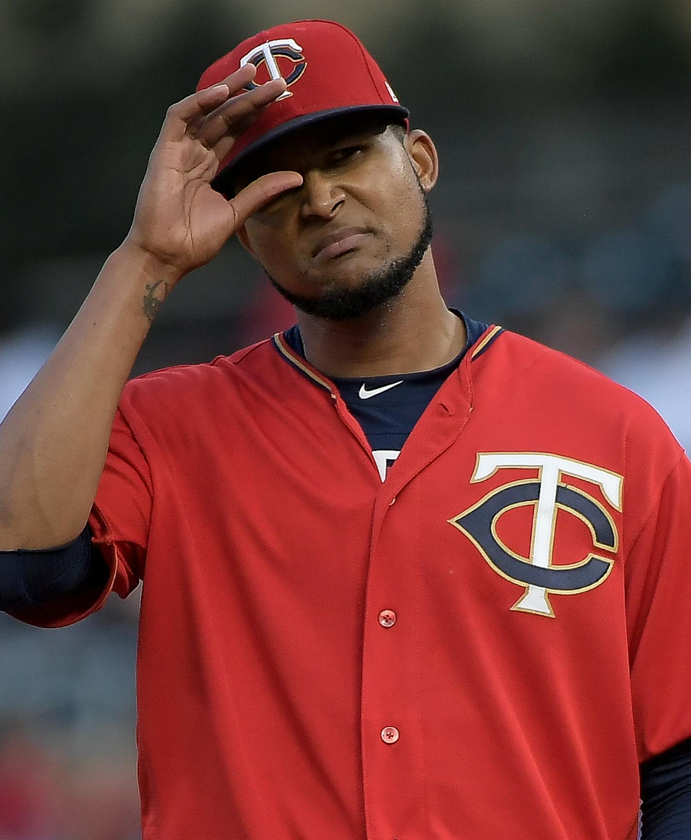 Minnesota Twins starting pitcher Ervin Santana (54) reacted after throwing a ball in the first inning against the Arizona Diamondbacks. ] AARON LAVINSKY &#xef; aaron.lavinsky@startribune.com The Minnesota Twins played the Arizona Diamondbacks on Friday, August 18, 2017 at Target Field in Minneapolis, Minn. ORG XMIT: MIN1708181953275266