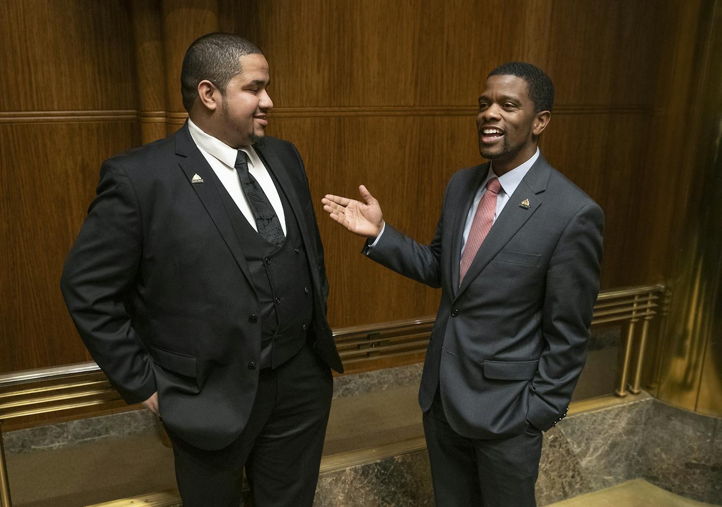 City Council Member Kassim Busuri was greeted by St. Paul Mayor Melvin Carter after he was sworn in at St. Paul City Hall, Wednesday, February 6, 2019 in St. Paul, MN. Busuri, a local educator, is the first Somali-American to serve on the St. Paul City Council. ] ELIZABETH FLORES &#x2022; liz.flores@startribune.com