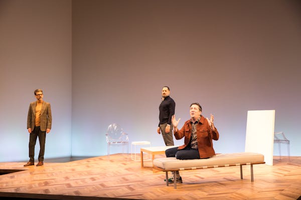 From left, Robert O. Berdahl, Patrick Sabongui and Max Wojtanowicz play friends at odds over a painting in the Guthrie Theater’s production of “Ar