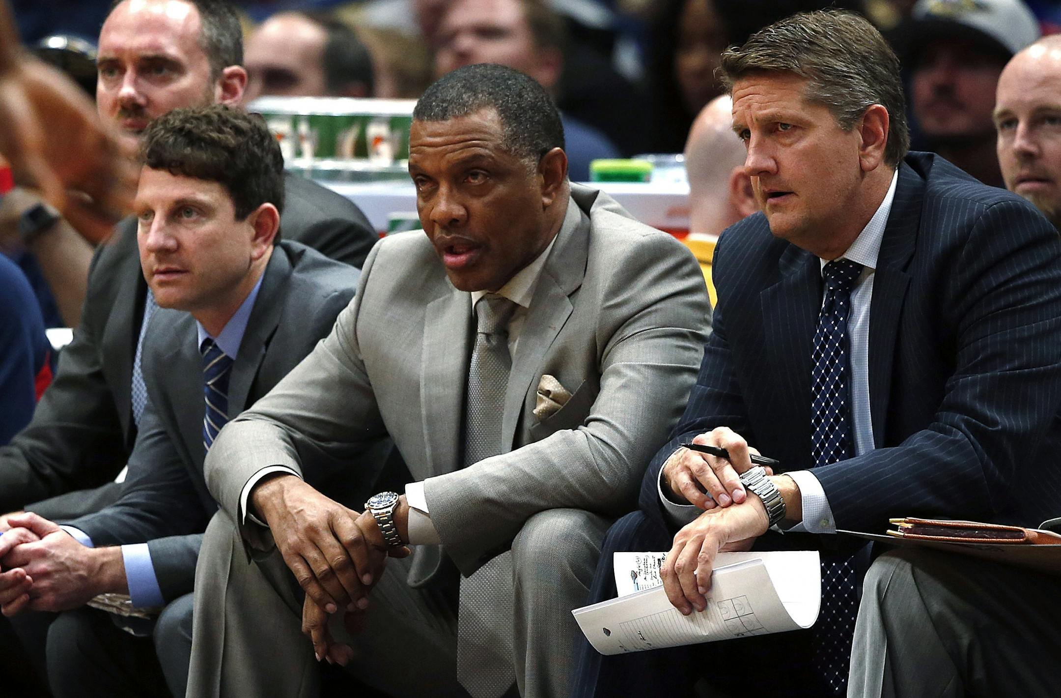 New Orleans Pelicans coach Alvin Gentry, center, watches from the bench during the second half of an NBA basketball game against the Minnesota Timberwolves in New Orleans, Wednesday, Nov. 29, 2017. The Timberwolves won 120-102.