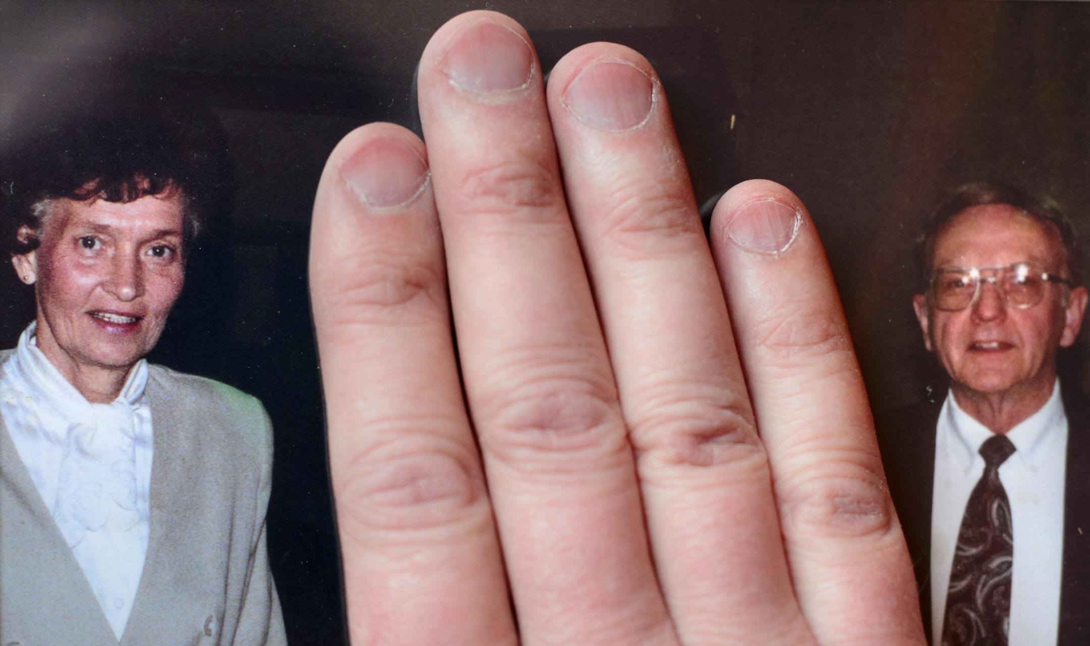 Because of the sensitive nature of this case, Dean Stuewe covered the face of his cousin, Richard's younger brother, who did not want his photograph to appear. Stuewe is the cousin of killer Richard Happ and the nephew of Happ's victims', his parents Richard H. and Angela Happ, seen here. Dean has been passionate in opposing Happ Jr.'s release from St. Peter. ] GLEN STUBBE * gstubbe@startribune.com THURSDAY, February 27, 2014