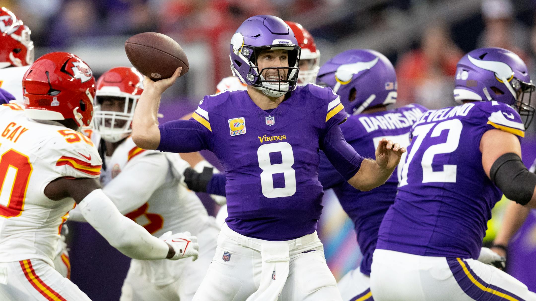 Minnesota Vikings quarterback Kirk Cousins (8) attempts a pass in the fourth quarter.