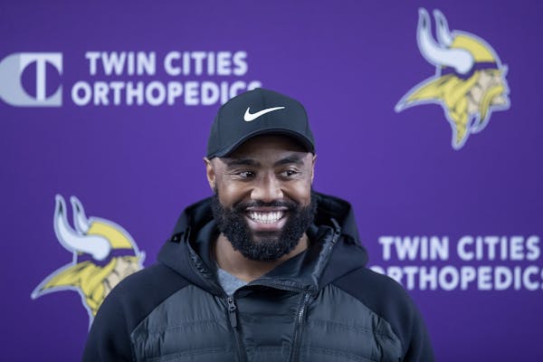 Vikings defensive end Everson Griffen was all smiles as he greeted the media during a press conference at the Twin Cities Orthopedic Center, Tuesday, 