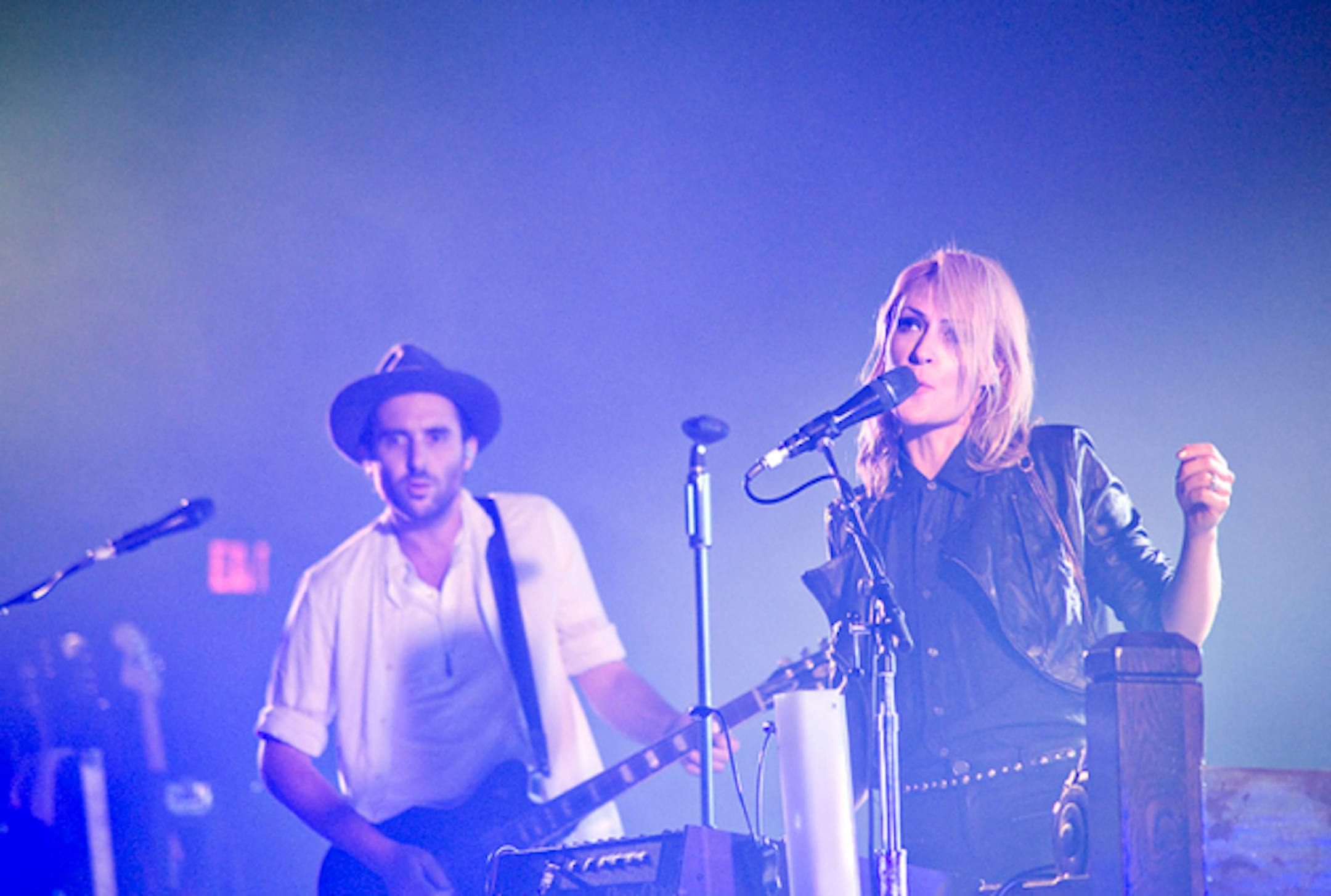Metric's James Shaw, left, and Emily Haines led the audience through an acoustic singalong of "Gimme Sympathy" to end Tuesday's show at the State. / Photos by Leslie Plesser