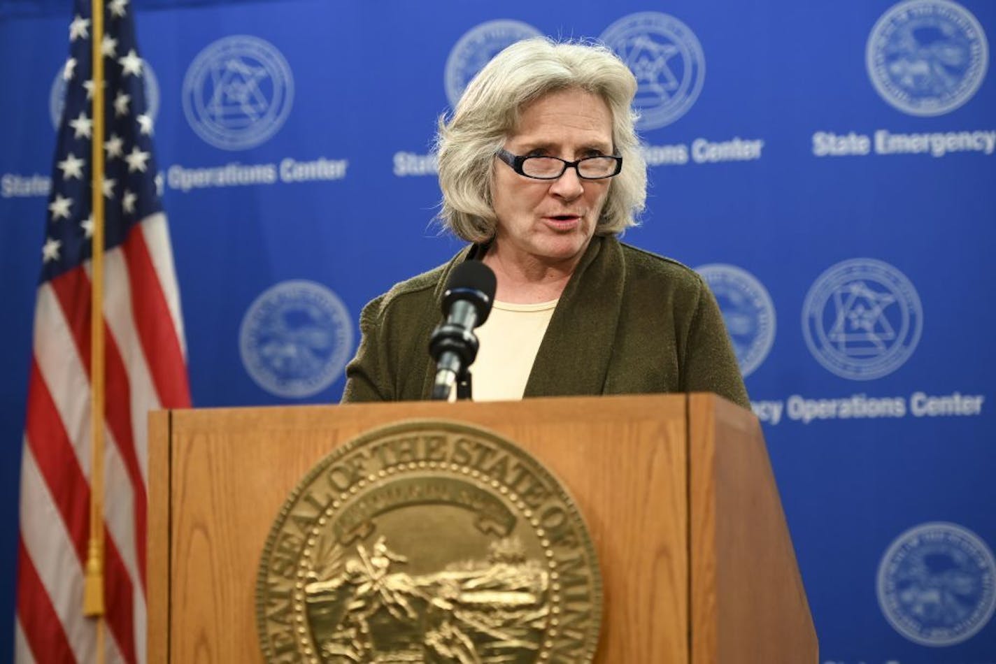 Minnesota Department of Health Commissioner Jan Malcolm speaks during a news conference concerning the state's efforts against the new coronavirus, Thursday, April 23, 2020, in St. Paul, Minn.