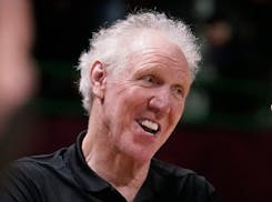 Basketball Hall of Fame legend Bill Walton laughs during a practice session for the NBA All-Star basketball game in Cleveland, Feb. 19, 2022.