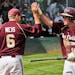Chatfield's Zach Eggers, right was congratulated by teammate Jake Neis after Eggers scored a run in the 6th inning. ] Class 1A Prep baseball - Royalto