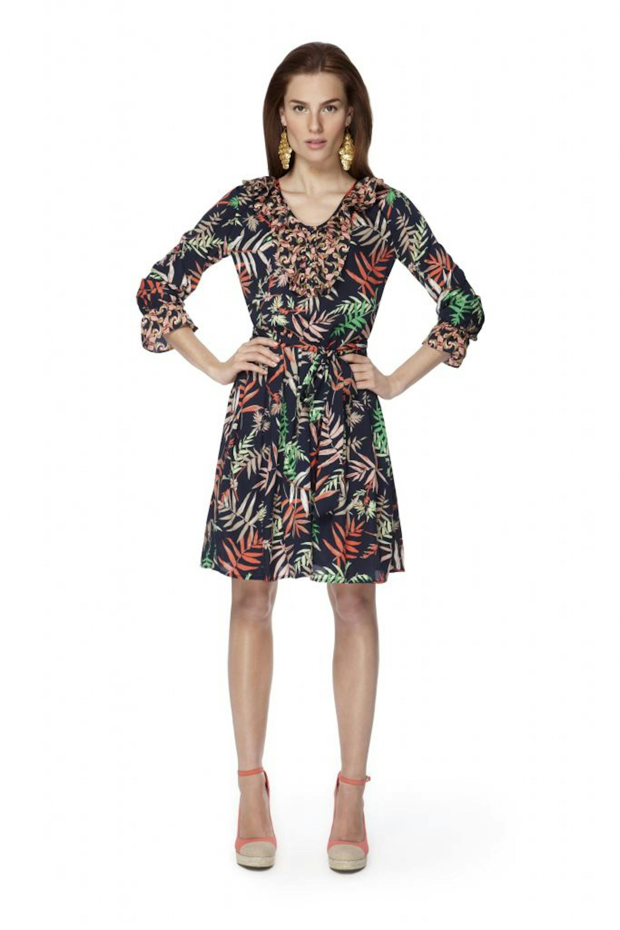 The Webster at Target Ruffle-Belted Dress in Palm Print, $42.99; Cap-Toe Wedges, $29.99; Sand Dollar Chandelier Earrings, $12.99.