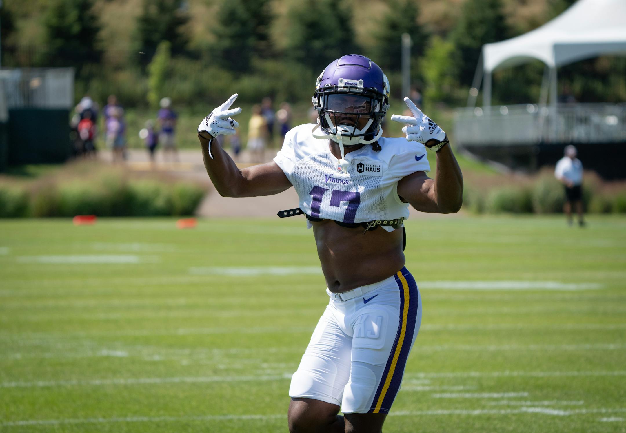 Vikings wide receiver K.J. Osborn poses for photos during Vikings Training Camp.