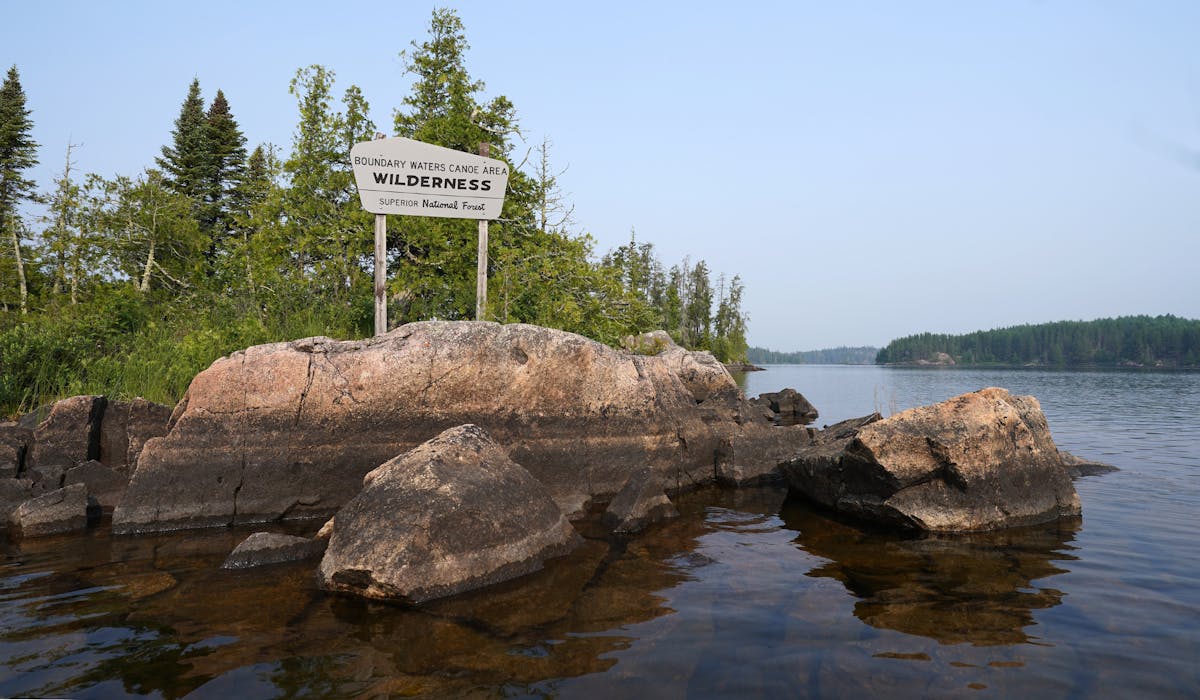 A Seagull Lake sign marks an entrance to the Boundary Waters Canoe Area Wilderness.