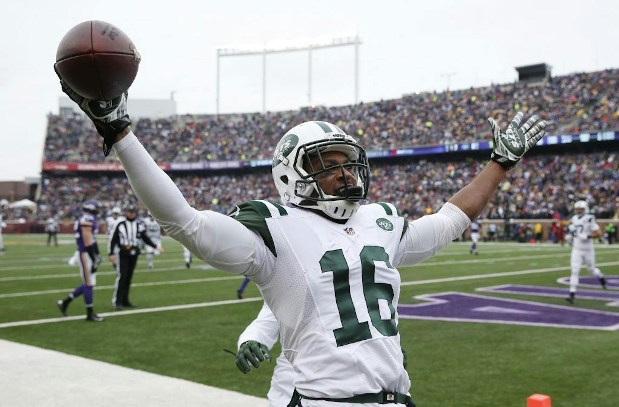 Percy Harvin celebrates after catching a 35-yard touchdown pass during the first half of an NFL football game against the Minnesota Vikings last season.