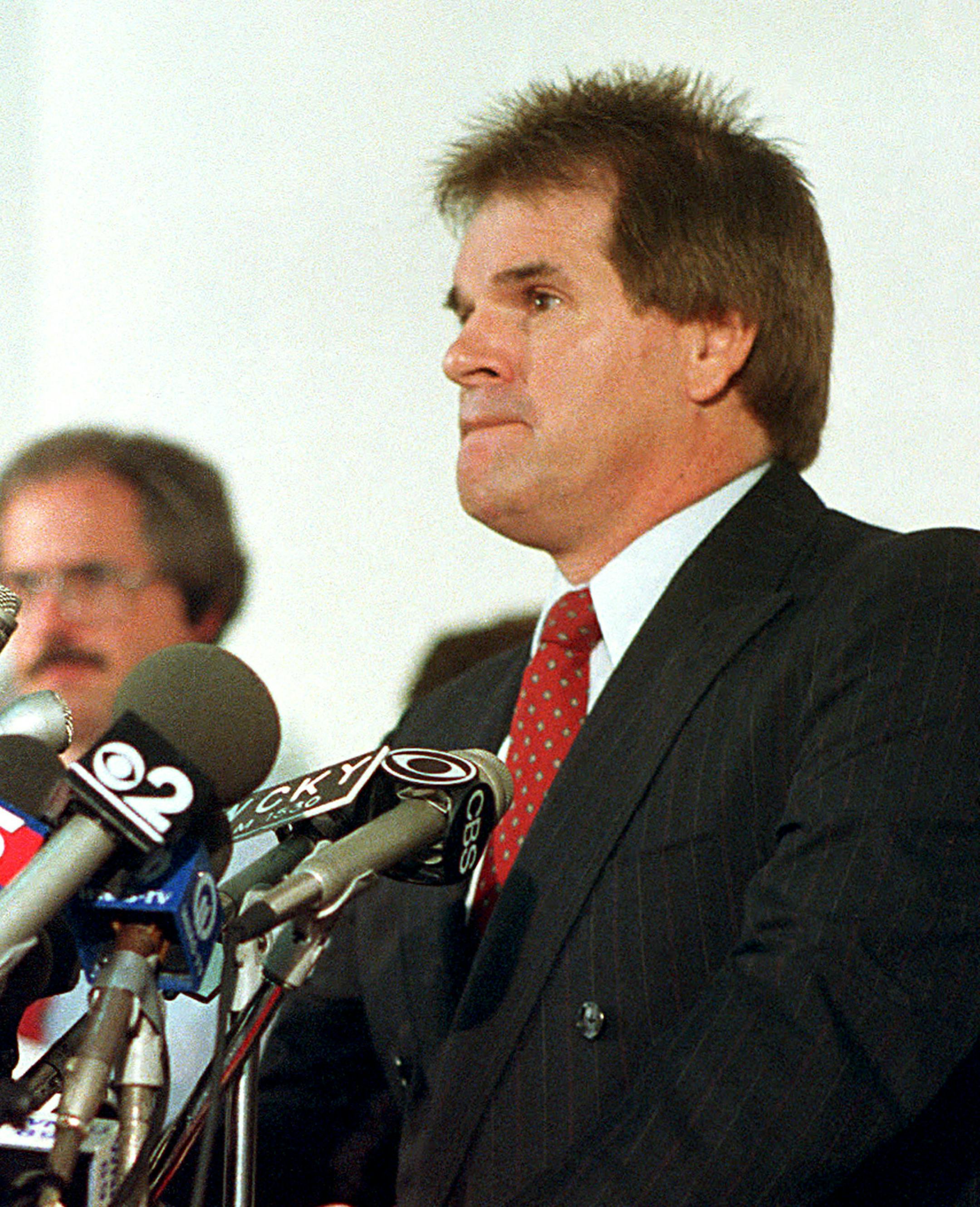 FILE - In this Aug. 24, 1989, file photo, former Cincinnati Reds manager Pete Rose answers questions during a news conference at Riverfront Stadium in Cincinnati, Ohio, after he was given a lifetime suspension by commissioner A. Bartlett Giamatti with the opportunity to be reinstated after one year. The last player to be banned for life from baseball makes his living these days signing autographs. Pete Rose has some advice for Alex Rodriguez if he wants to avoid the same fate. (AP Photo/Al Behrm