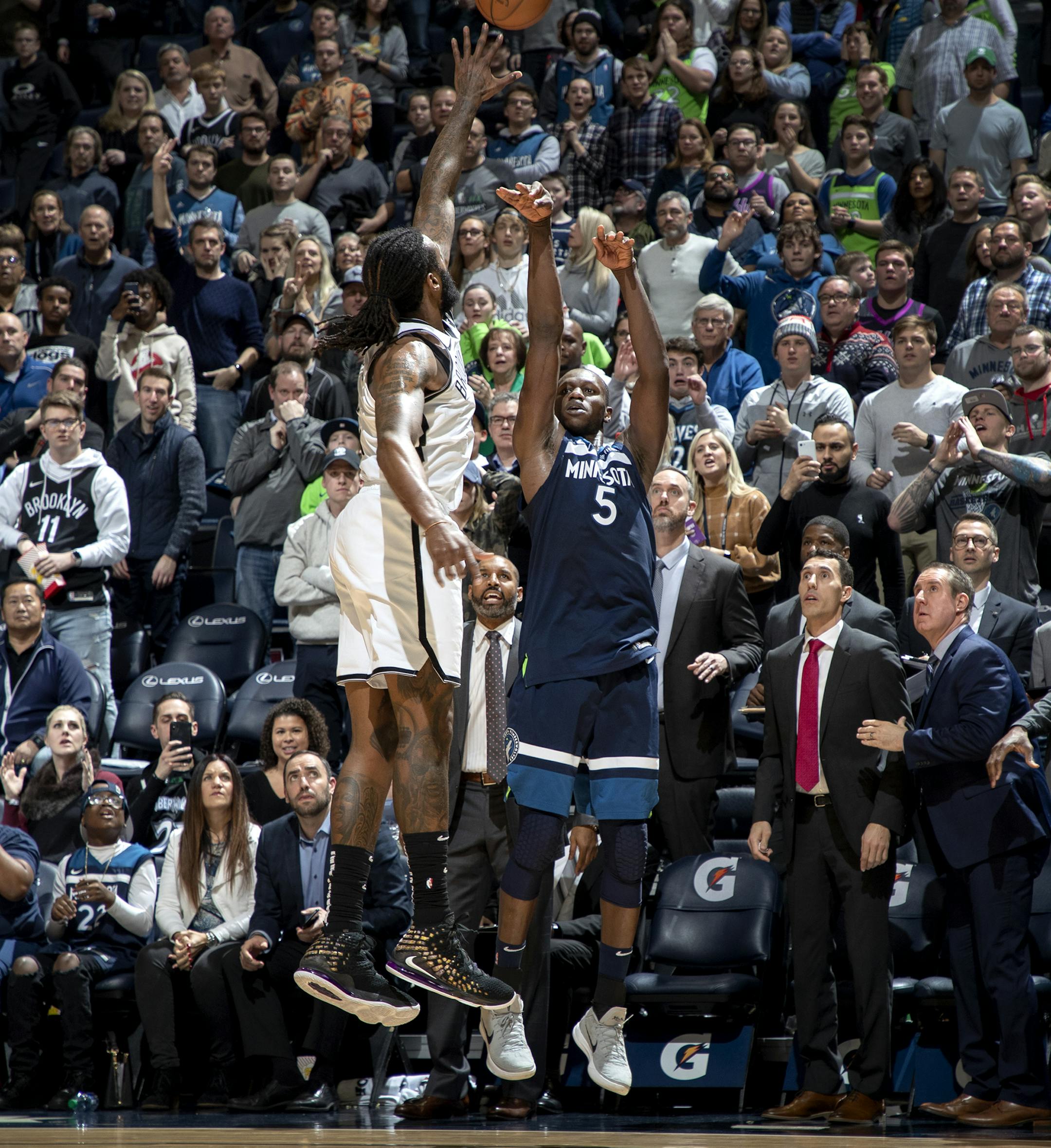 Gorgui Dieng (5) of the Minnesota Timberwolves made a three point shot late in the fourth quarter. ] CARLOS GONZALEZ • cgonzalez@startribune.com – Minneapolis, MN – December 30, 2019, Target Center, NBA, Minnesota Timberwolves vs. Brooklyn Nets