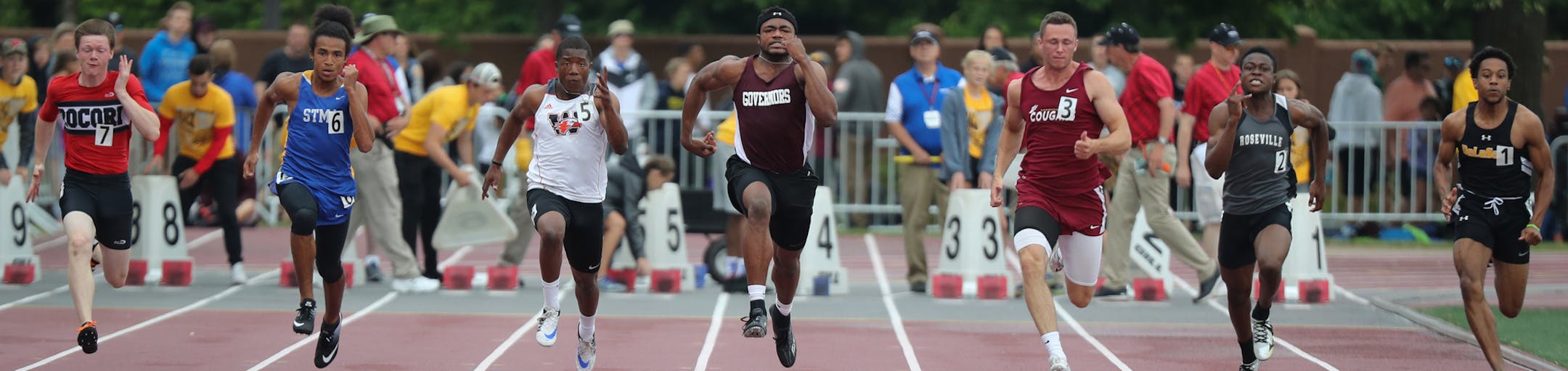 The race for the finish in the boys 100m dash was close. Ethan Peal of St. Michael-Albertville (6) crossed first with a time of 11.04. ] Shari L. Gross &#x2022; shari.gross@startribune.com The Class 2A state track and field meet was held at Hamline University in Saint Paul on a rainy Saturday, June 9, 2018.