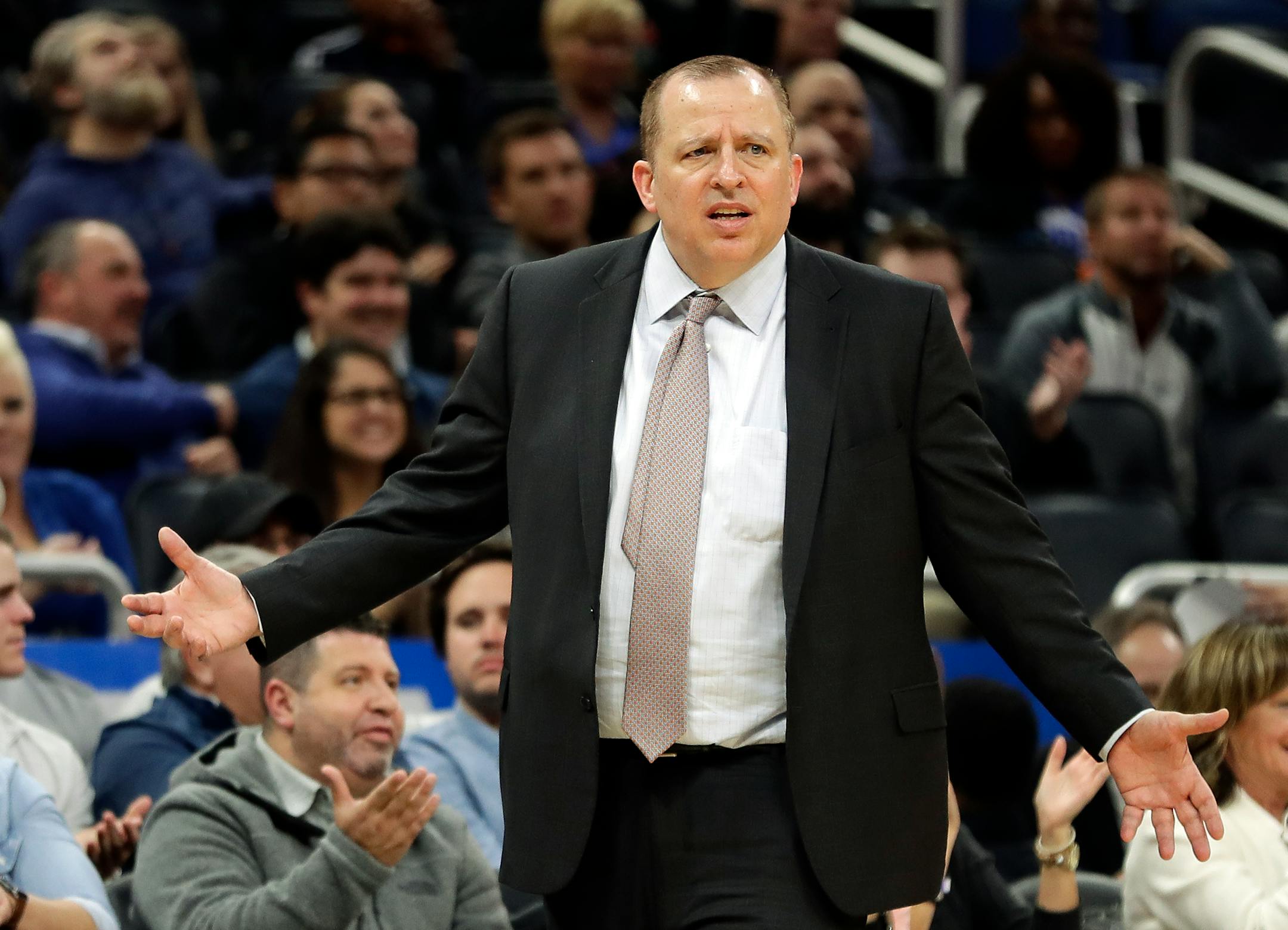 Minnesota Timberwolves head coach Tom Thibodeau questions a call by officials during the second half of an NBA basketball game against the Orlando Magic, Tuesday, Jan. 16, 2018, in Orlando, Fla. Orlando won 108-102. (AP Photo/John Raoux)